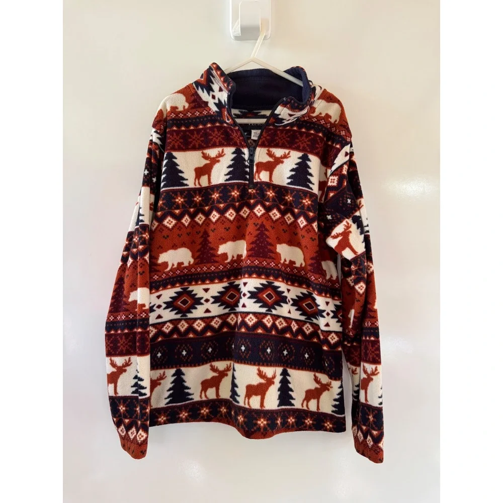 The Childrens Place Boys Fleece Quarter Zip Fair Isle Bear Moose Pullover 7/8